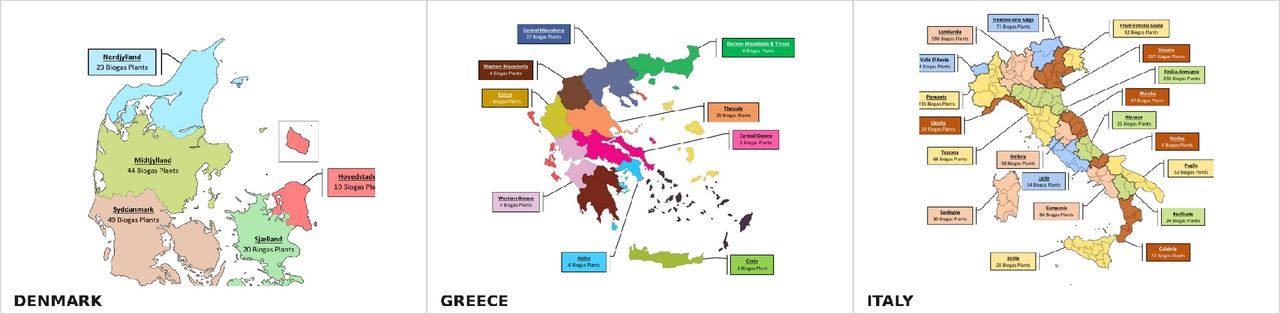 Regional maps of biogas plants in Denmark, Greece and Italy from the Service 7 technical report, each region labelled with its number of plants